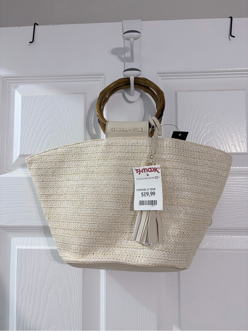 Kendall & Kylie Cream Straw Tote with Brown Wood Ring Handles